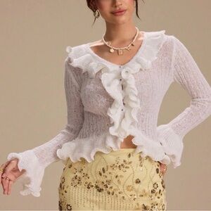 SOFT FRILLS White Ruffled Lightweight Cardigan Sweater M L XL